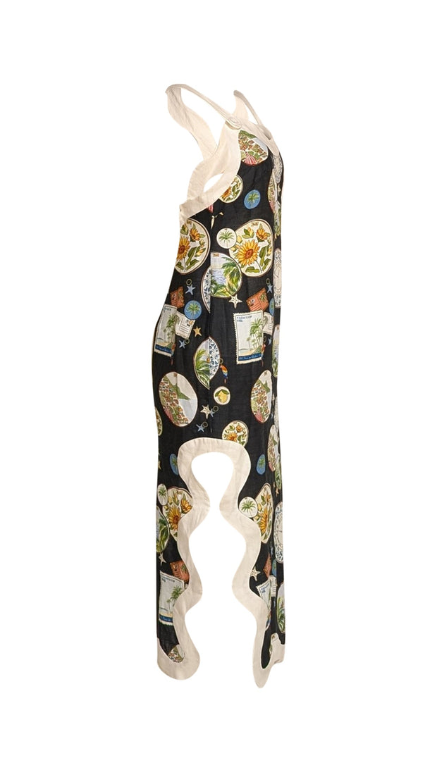 Farm Rio - Black W/ White Trim Souvenir Print Midi Dress Sz S - Current Boutique