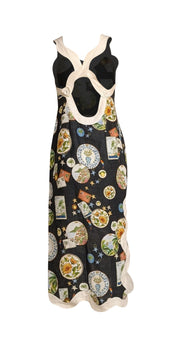Farm Rio - Black W/ White Trim Souvenir Print Midi Dress Sz S - Current Boutique