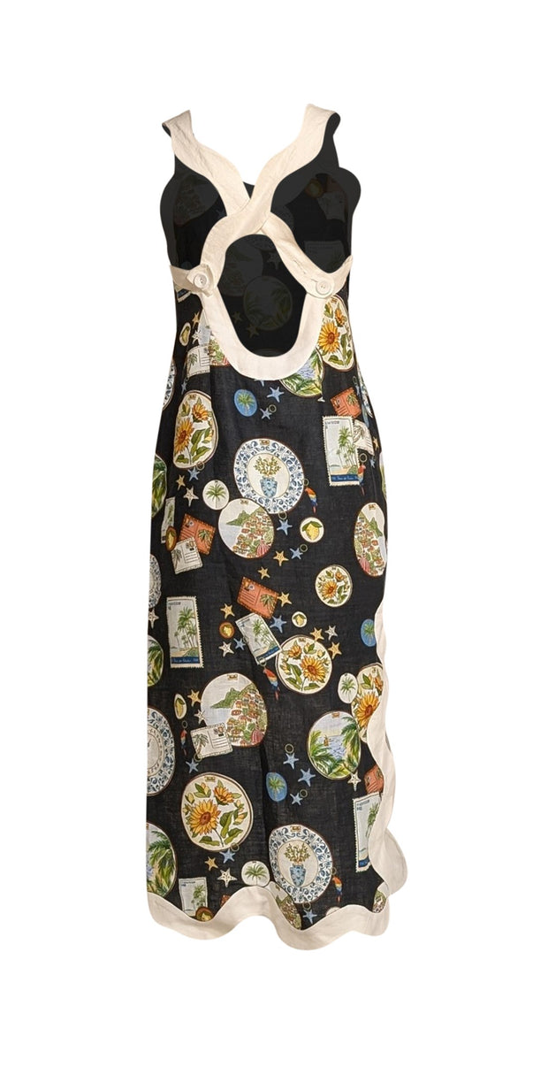 Farm Rio - Black W/ White Trim Souvenir Print Midi Dress Sz S - Current Boutique
