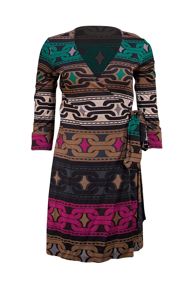 Diane von Furstenberg - Brown, Black, Green, & Purple Wrap Dress Sz 4 - Current Boutique