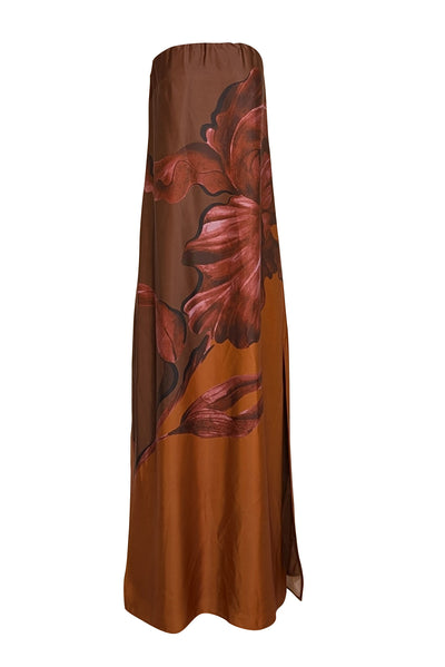 Pasuchas - Brown Strapless Floral Maxi Formal Dress Sz 8 - Current Boutique
