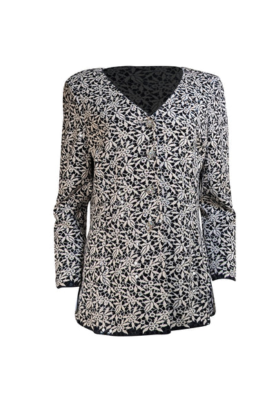 St John - Black & Ivory Floral Knit Embellished Cardigan Size M - Current Boutique