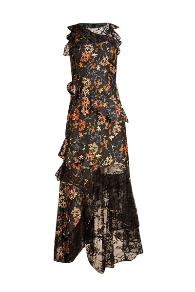 Sachin & Babi - Black w/ Orange Floral Lace Detail Formal Dress Sz S - Current Boutique