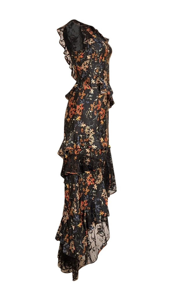 Sachin & Babi - Black w/ Orange Floral Lace Detail Formal Dress Sz S - Current Boutique