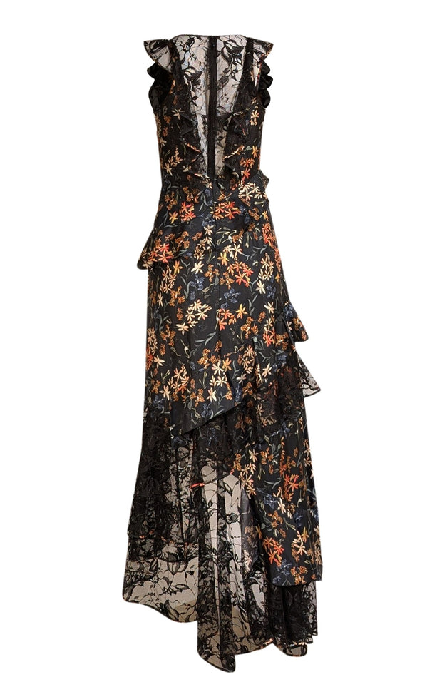 Sachin & Babi - Black w/ Orange Floral Lace Detail Formal Dress Sz S - Current Boutique