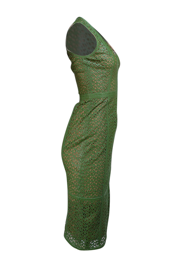 Akris - Green Lamb Leather Laser Cut Print Sleeveless Dress Sz 4 Akris - Green Lamb Leather Laser Cut Print Sleeveless Dress Sz 4