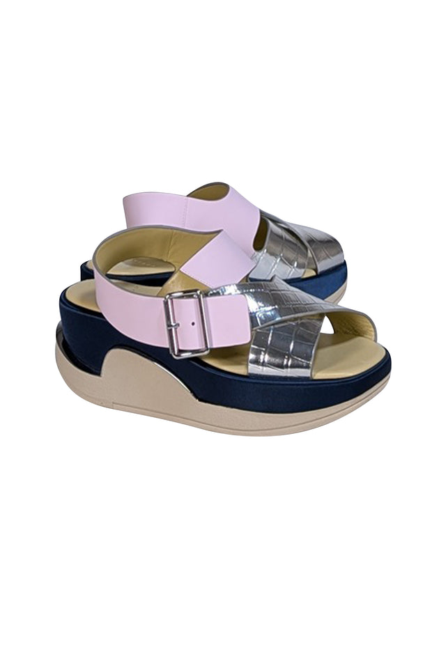 4CCCCEES - Pastel Pink, Navy, Silver, & Beige Strappy Platform Sandals Sz 7 - Current Boutique