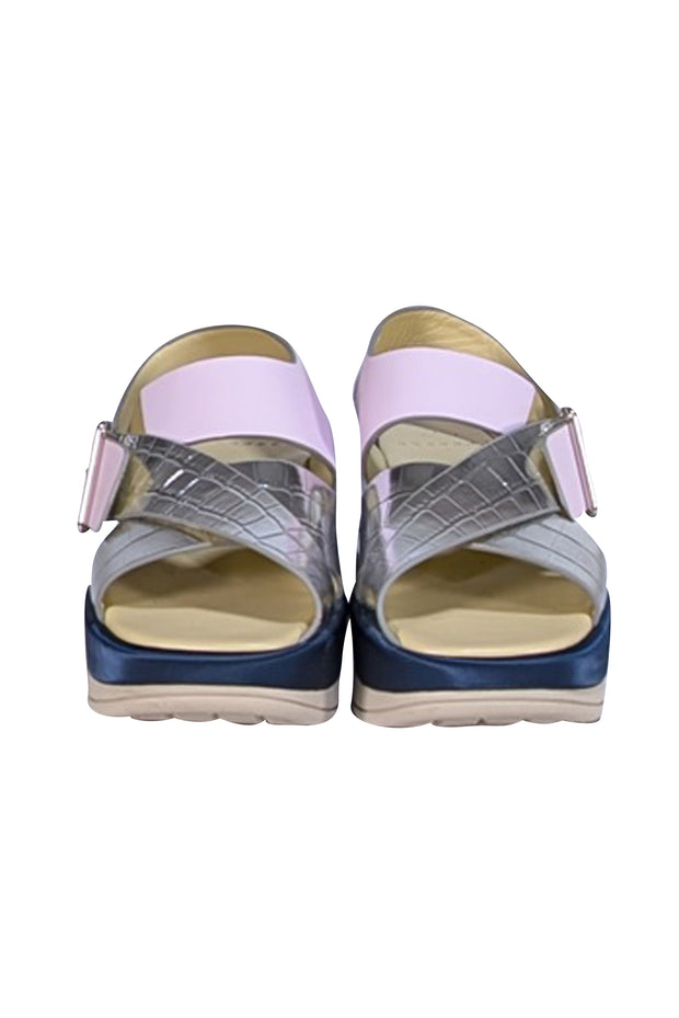 4CCCCEES - Pastel Pink, Navy, Silver, & Beige Strappy Platform Sandals Sz 7 - Current Boutique