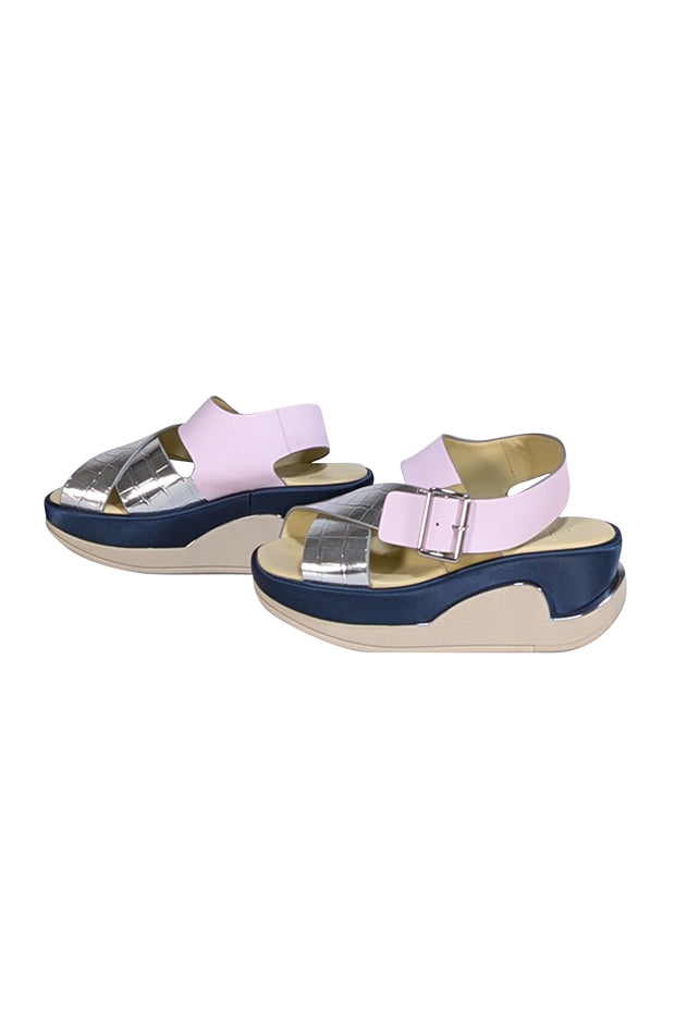 4CCCCEES - Pastel Pink, Navy, Silver, & Beige Strappy Platform Sandals Sz 7 - Current Boutique