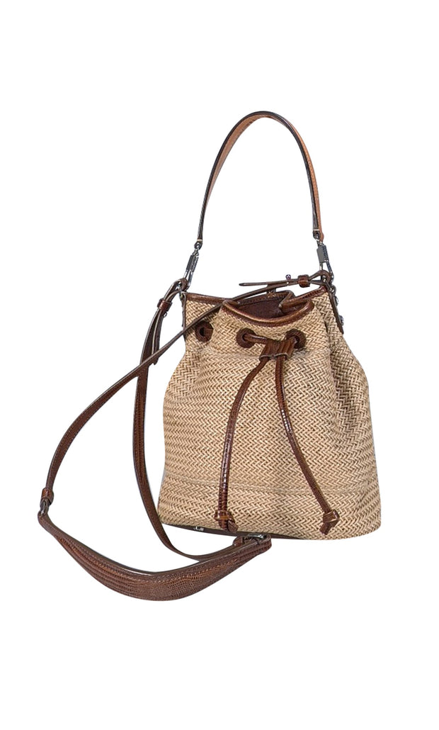 Elizabeth & James - Beige Raffia & Brown Trim Bucket Bag - Current Boutique