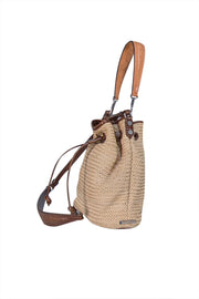 Elizabeth & James - Beige Raffia & Brown Trim Bucket Bag - Current Boutique