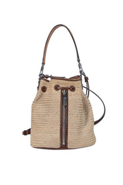 Elizabeth & James - Beige Raffia & Brown Trim Bucket Bag - Current Boutique