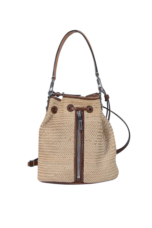 Elizabeth & James - Beige Raffia & Brown Trim Bucket Bag - Current Boutique