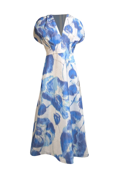 Lela Rose - Blue & White Print Puff Sleeve Maxi Dress Sz 6 - Current Boutique
