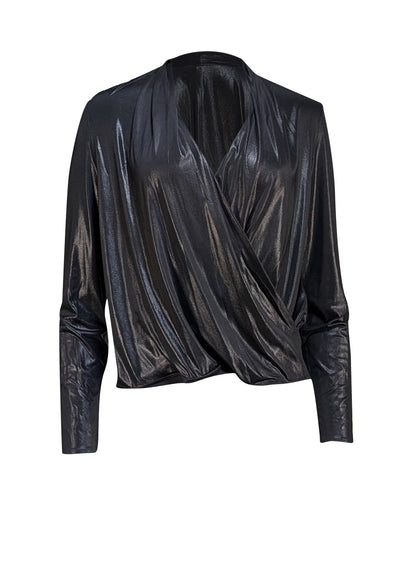Lapointe - Black Metallic Coated Jersey Wrap Top Sz S - Current Boutique