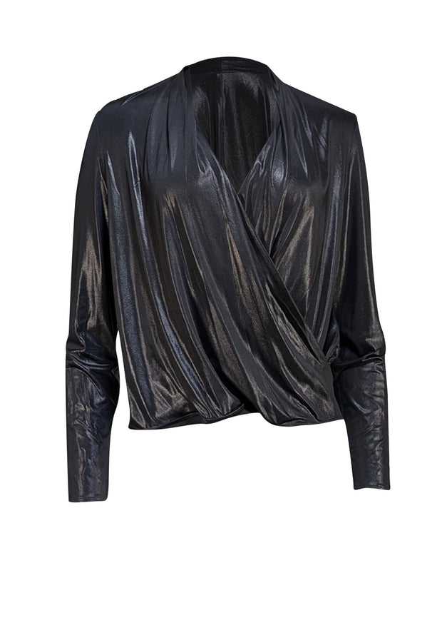 Lapointe - Black Metallic Coated Jersey Wrap Top Sz S - Current Boutique