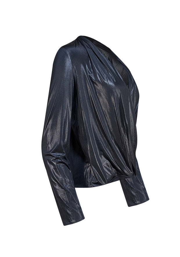 Lapointe - Black Metallic Coated Jersey Wrap Top Sz S - Current Boutique