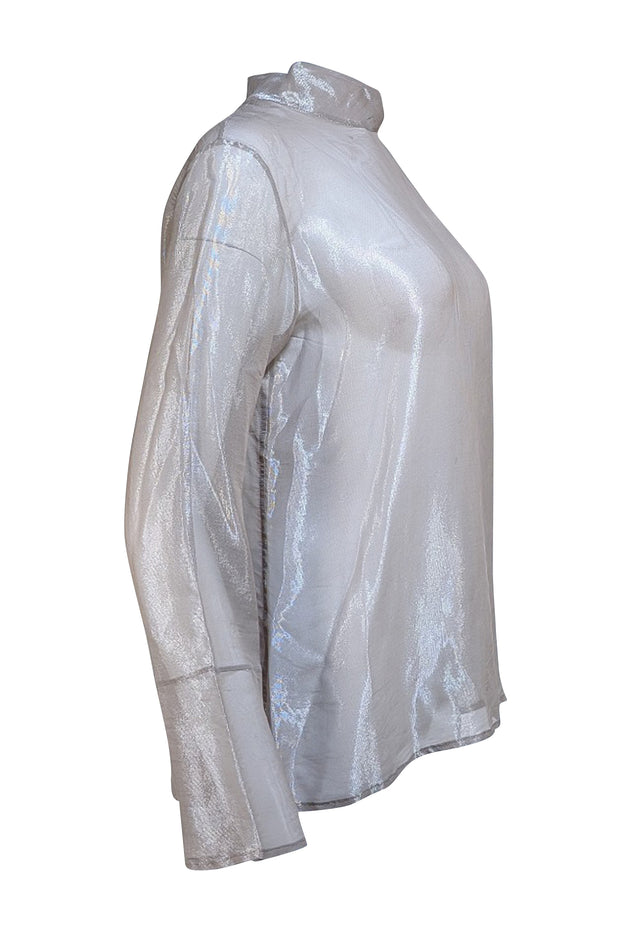 Lapointe - Silver Metallic Semi-Sheer Silk Blend Mock Neck Blouse Sz 6