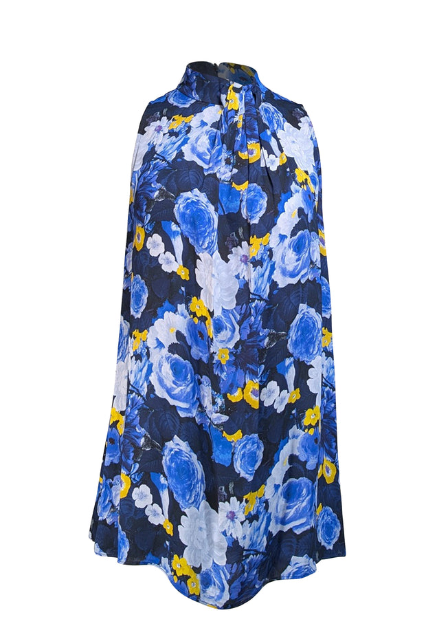 Lela Rose - Blue, Navy, & Yellow Floral Print Sleeveless Mock Neck Blouse Sz 6