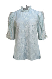 Lela Rose - Mint Green Lace Ruffle Neckline Blouse Sz 6 - Current Boutique