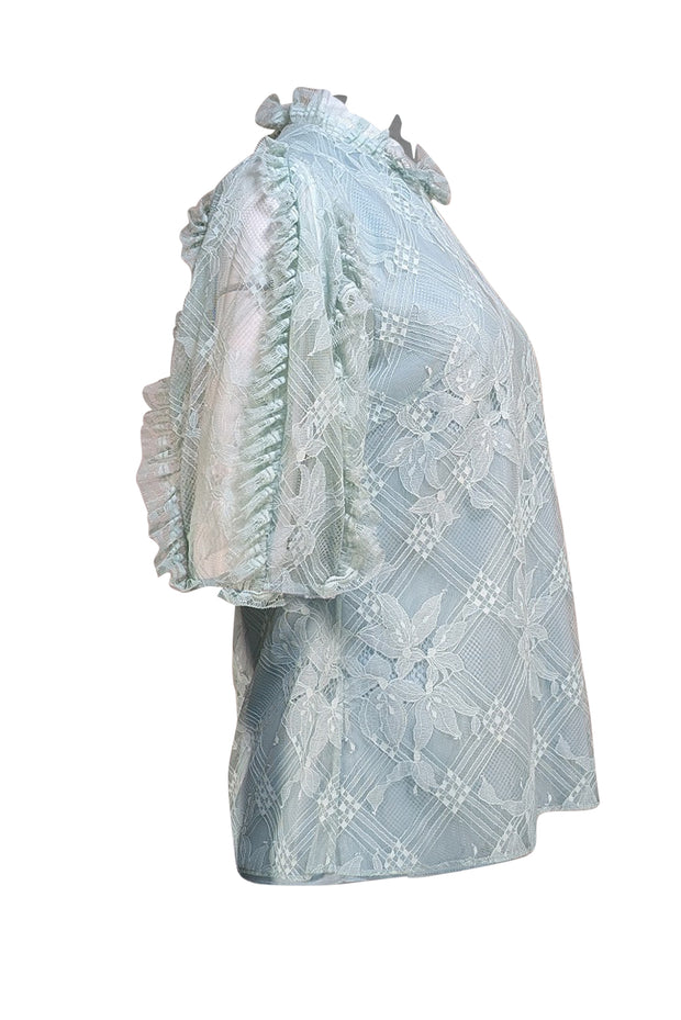 Lela Rose - Mint Green Lace Ruffle Neckline Blouse Sz 6 - Current Boutique