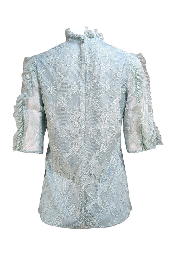 Lela Rose - Mint Green Lace Ruffle Neckline Blouse Sz 6 - Current Boutique