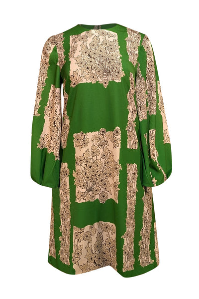 Lela Rose - Green w/ Beige & Black Floral Print Long Sleeve Shift Dress Sz 6 - Current Boutique