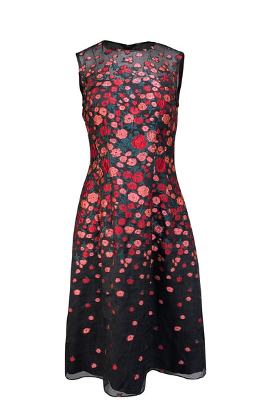 Lela Rose - Black w/ Pink & Red Floral Embroidered Midi Dress Sz 6 Lela Rose - Black w/ Pink & Red Floral Embroidered Midi Dress Sz 6