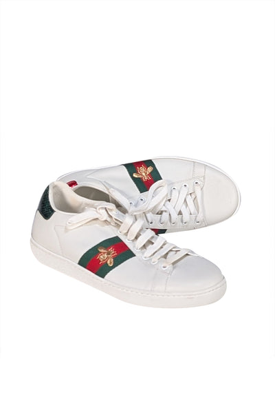 Gucci - White Leather Sneakers w/ Signature Bee and Stripe Detail Sz 9 - Current Boutique