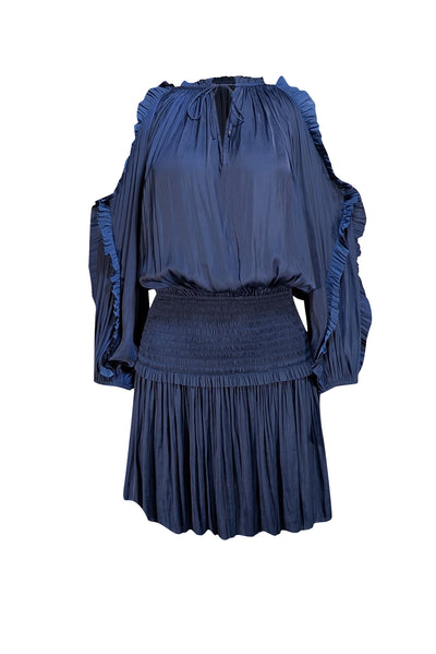 Ulla Johnson - Navy Satin Smocked Waist Cold Shoulder Dress Sz 0 - Current Boutique