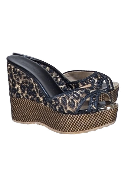 Jimmy Choo - Black & Beige Raffia Wedge Mule Heels Sz 7 - Current Boutique
