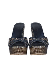 Jimmy Choo - Black & Beige Raffia Wedge Mule Heels Sz 7 - Current Boutique