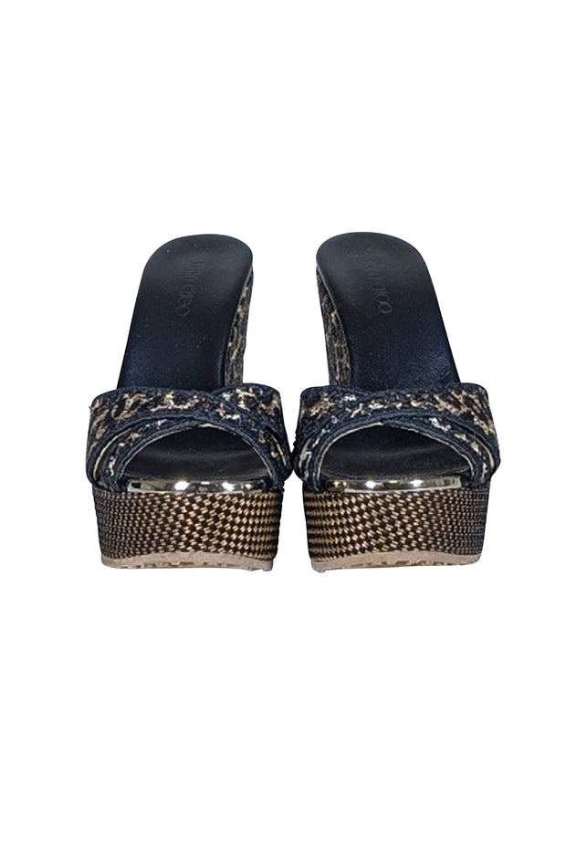 Jimmy Choo - Black & Beige Raffia Wedge Mule Heels Sz 7 - Current Boutique