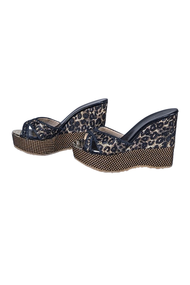 Jimmy Choo - Black & Beige Raffia Wedge Mule Heels Sz 7 - Current Boutique