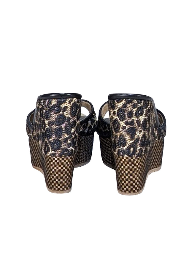 Jimmy Choo - Black & Beige Raffia Wedge Mule Heels Sz 7 - Current Boutique