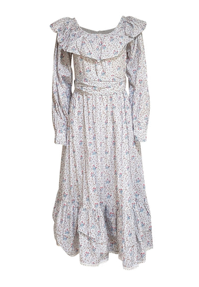 Batsheva - White w/ Blue & Pink Floral Long Sleeve Maxi Dress Sz 6 - Current Boutique