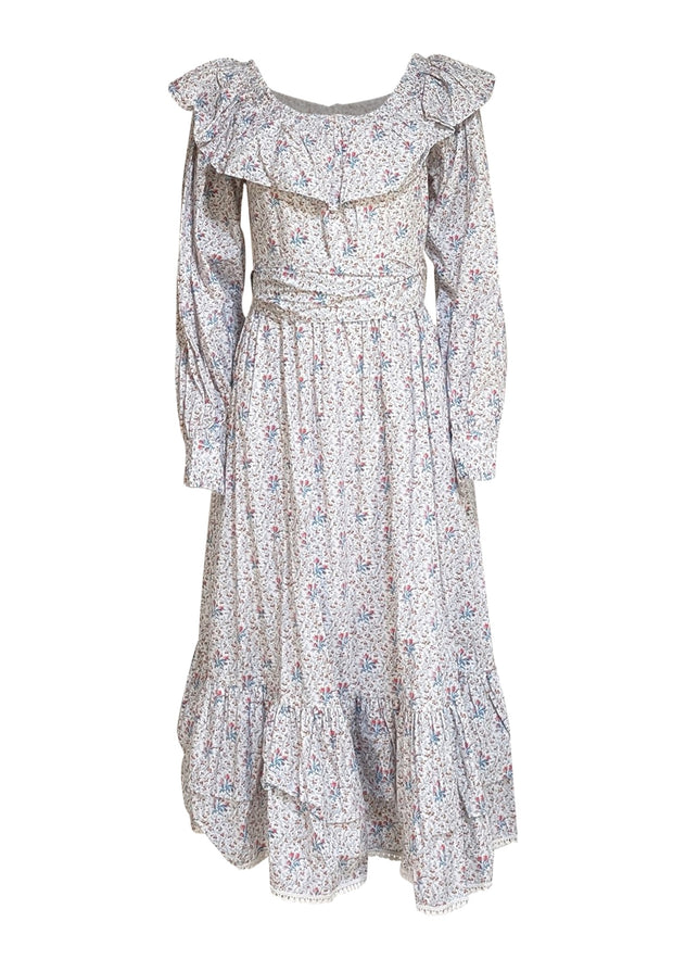Batsheva - White w/ Blue & Pink Floral Long Sleeve Maxi Dress Sz 6 - Current Boutique