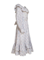 Batsheva - White w/ Blue & Pink Floral Long Sleeve Maxi Dress Sz 6 - Current Boutique