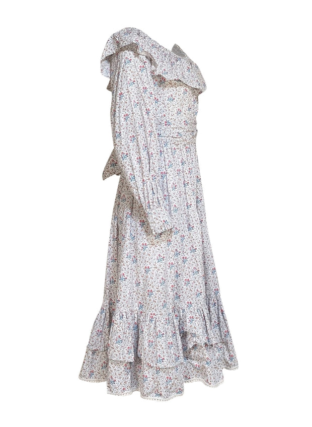 Batsheva - White w/ Blue & Pink Floral Long Sleeve Maxi Dress Sz 6 - Current Boutique