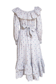 Batsheva - White w/ Blue & Pink Floral Long Sleeve Maxi Dress Sz 6 - Current Boutique