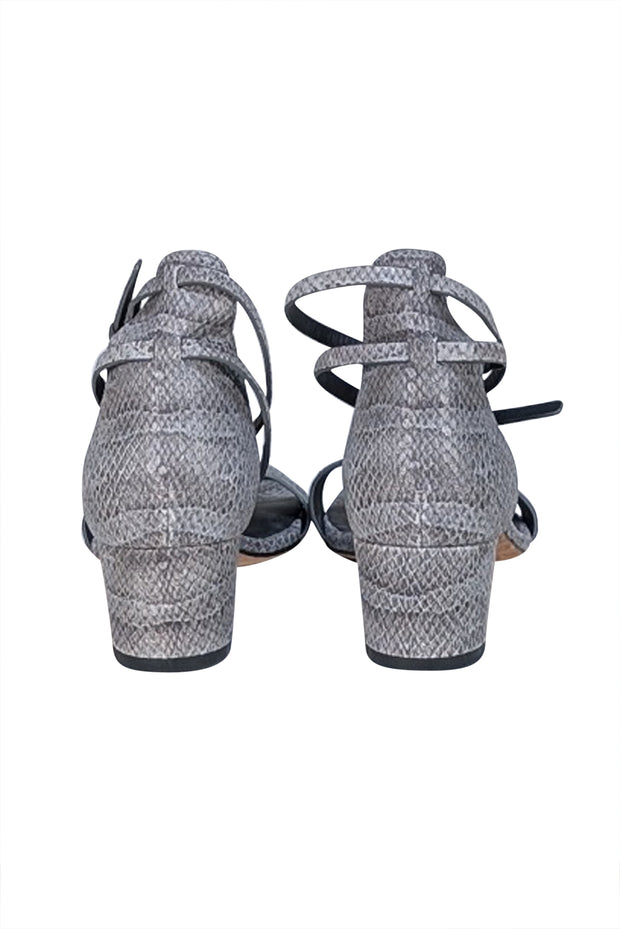 Stuart Weitzman - Grey Snake Embossed Leather Strappy Sandal Heel Sz 9.5 - Current Boutique