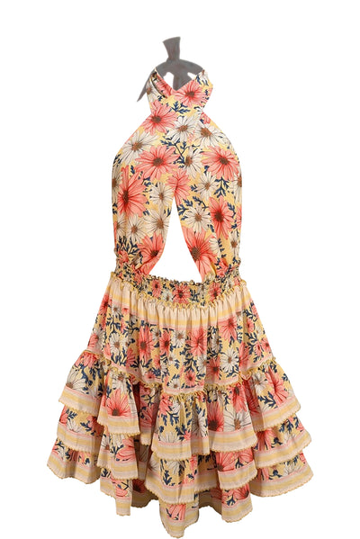 Agua Bendita - Yellow, Pink, & White Floral Halter "Maona" Mini Dress Sz M - Current Boutique