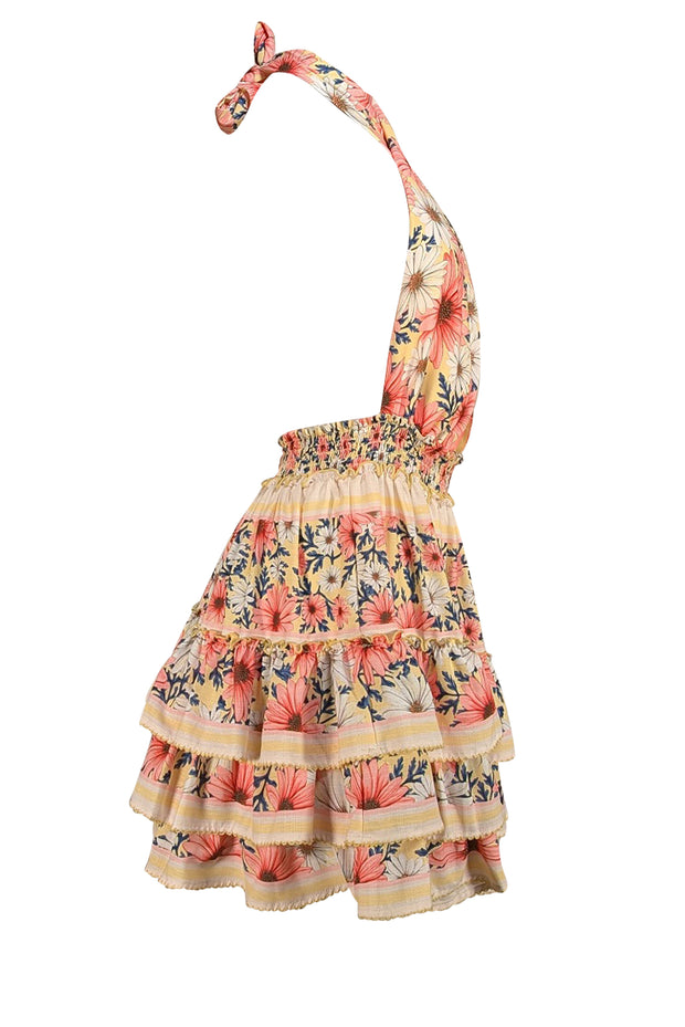 Agua Bendita - Yellow, Pink, & White Floral Halter "Maona" Mini Dress Sz M - Current Boutique