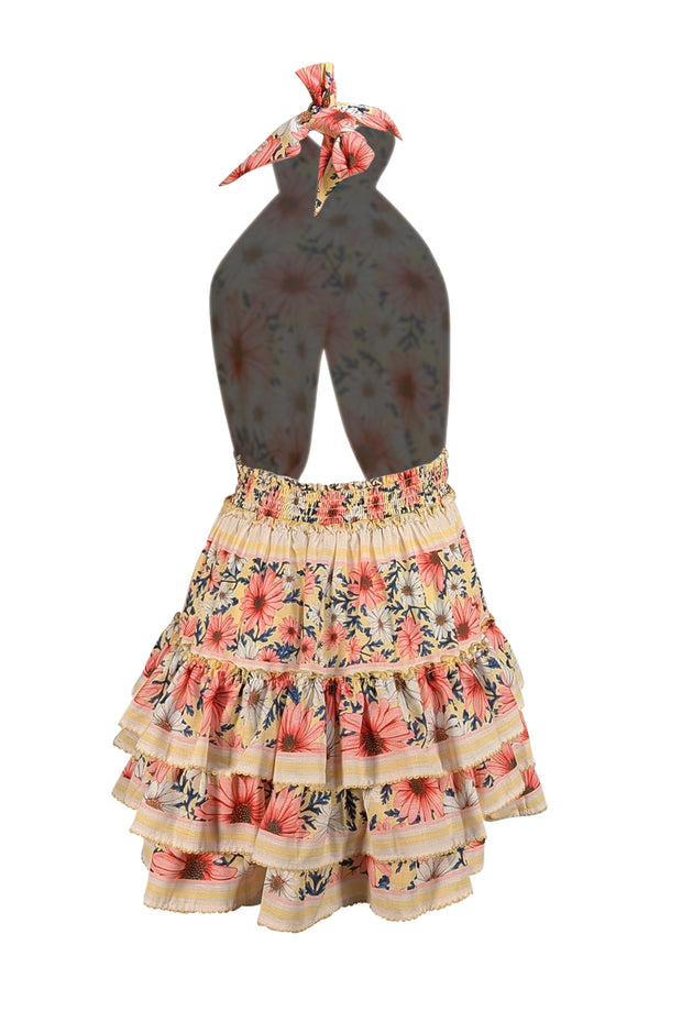 Agua Bendita - Yellow, Pink, & White Floral Halter "Maona" Mini Dress Sz M - Current Boutique