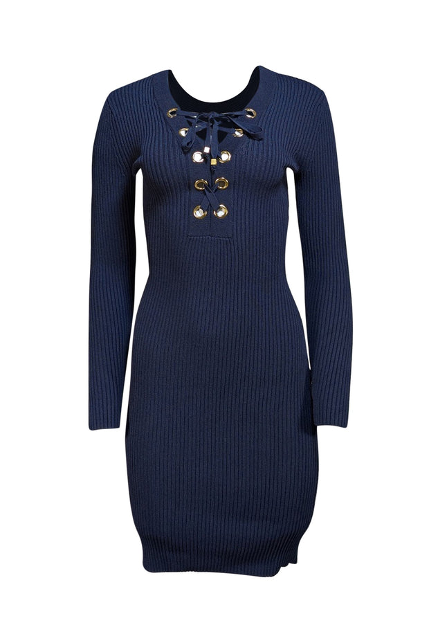 Michael Kors Navy Lace-Up Ribbed Knit Midi Dress Sz XS Current