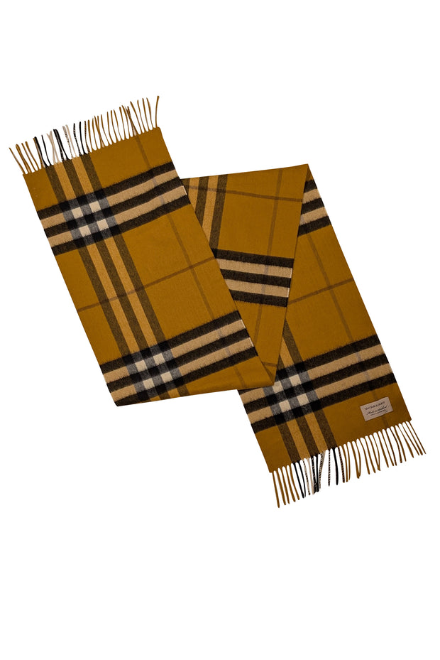 Burberry - Mustard Yellow Plaid Cashmere Fringe Trim Scarf