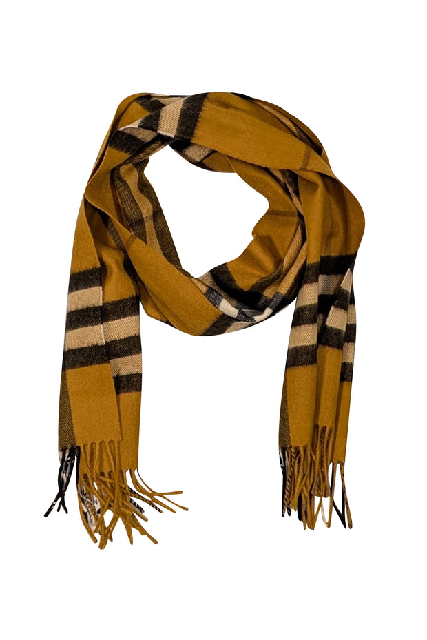 Burberry - Mustard Yellow Plaid Cashmere Fringe Trim Scarf