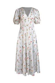 Alexia Admor - Ivory & Black Polka Dot w/ Multi Color Floral Print Slit Front Dress Sz 6 - Current Boutique