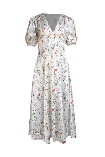 Alexia Admor - Ivory & Black Polka Dot w/ Multi Color Floral Print Slit Front Dress Sz 6 - Current Boutique