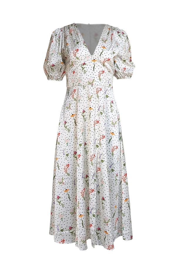 Alexia Admor - Ivory & Black Polka Dot w/ Multi Color Floral Print Slit Front Dress Sz 6 - Current Boutique